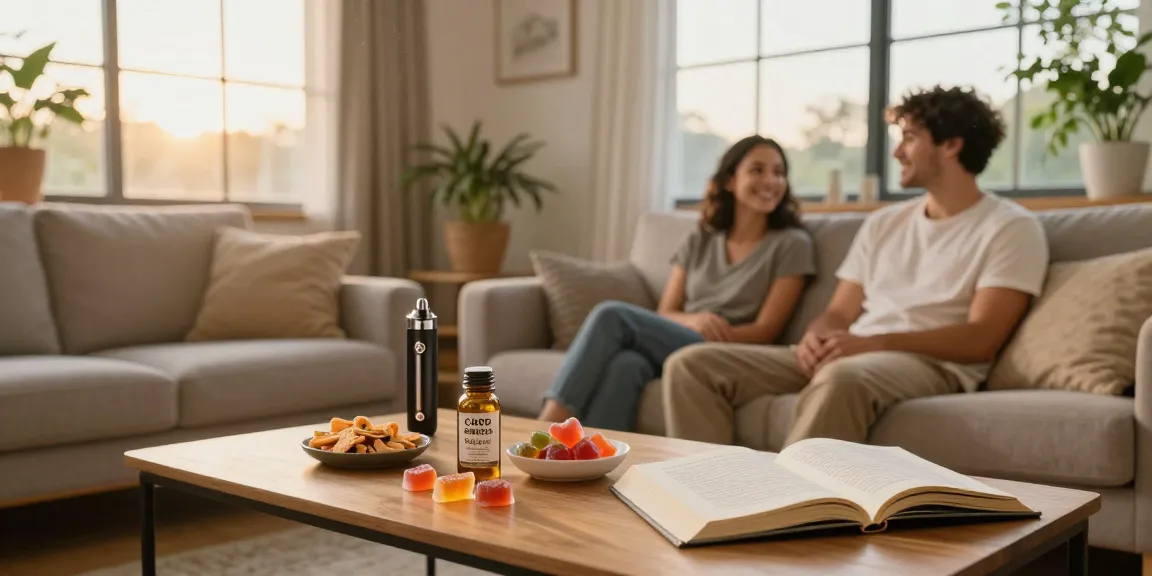 Delicious weed edibles on coffee table, surrounded by natural wellness items, snacks, and relaxing atmosphere.