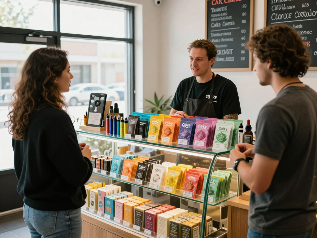 Cakes cart display in a cannabis dispensary with colorful packaging and a friendly staff member engaging a customer.