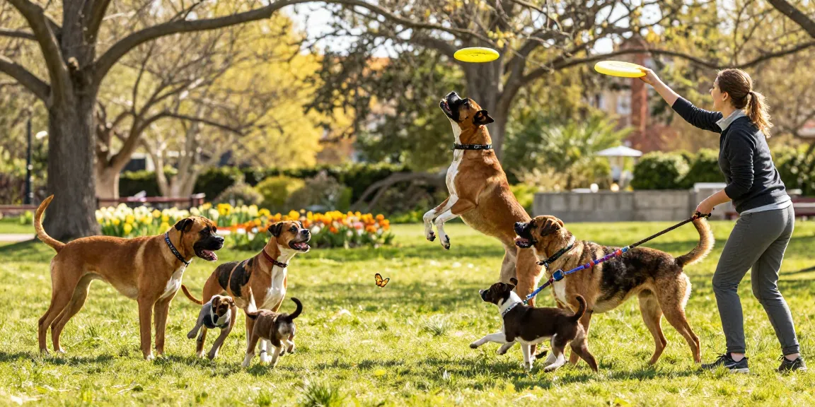 Indigoboxersndanes.com showcases Boxers and Great Danes playing joyfully in a sunny park.