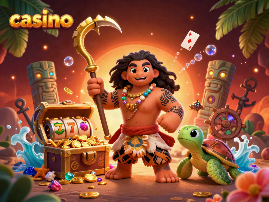 Engage in the excitement of casino gaming with a vibrant illustration of a demigod and turtle amongst colorful slot elements.
