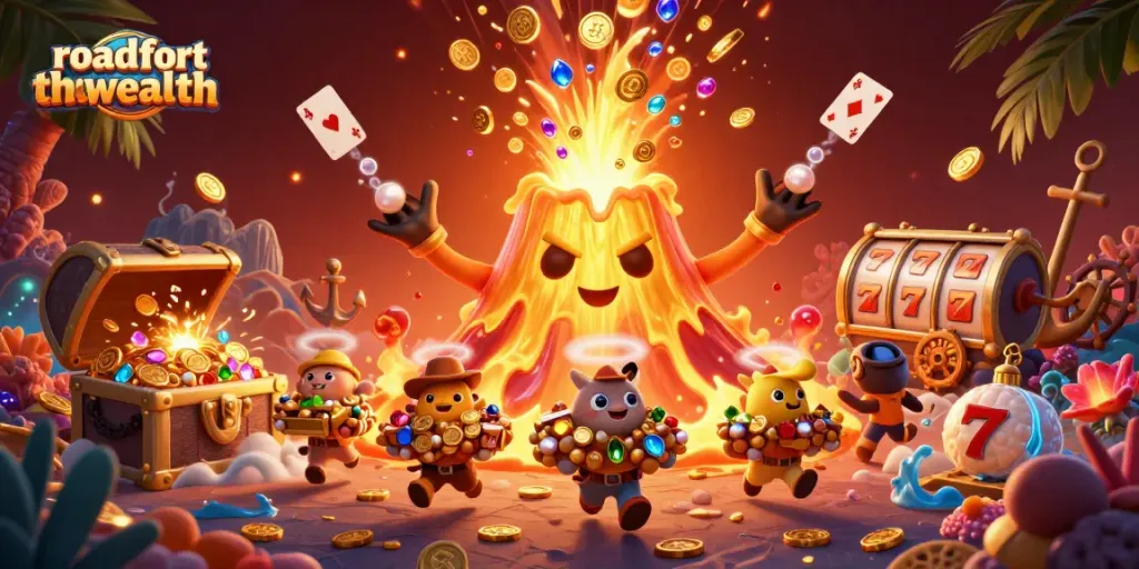 Experience the winning thrill of roadforthewealth with a golden volcano and treasure in a vibrant casino scene.