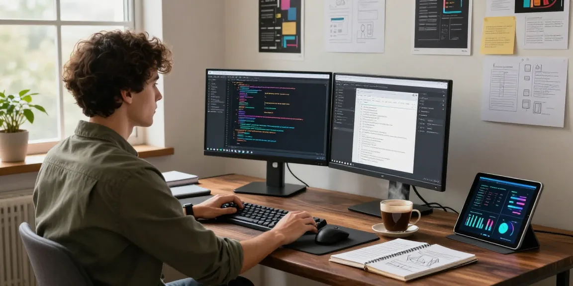 Software engineer coding with CIKA4D in a modern workspace, showcasing teamwork and creativity.