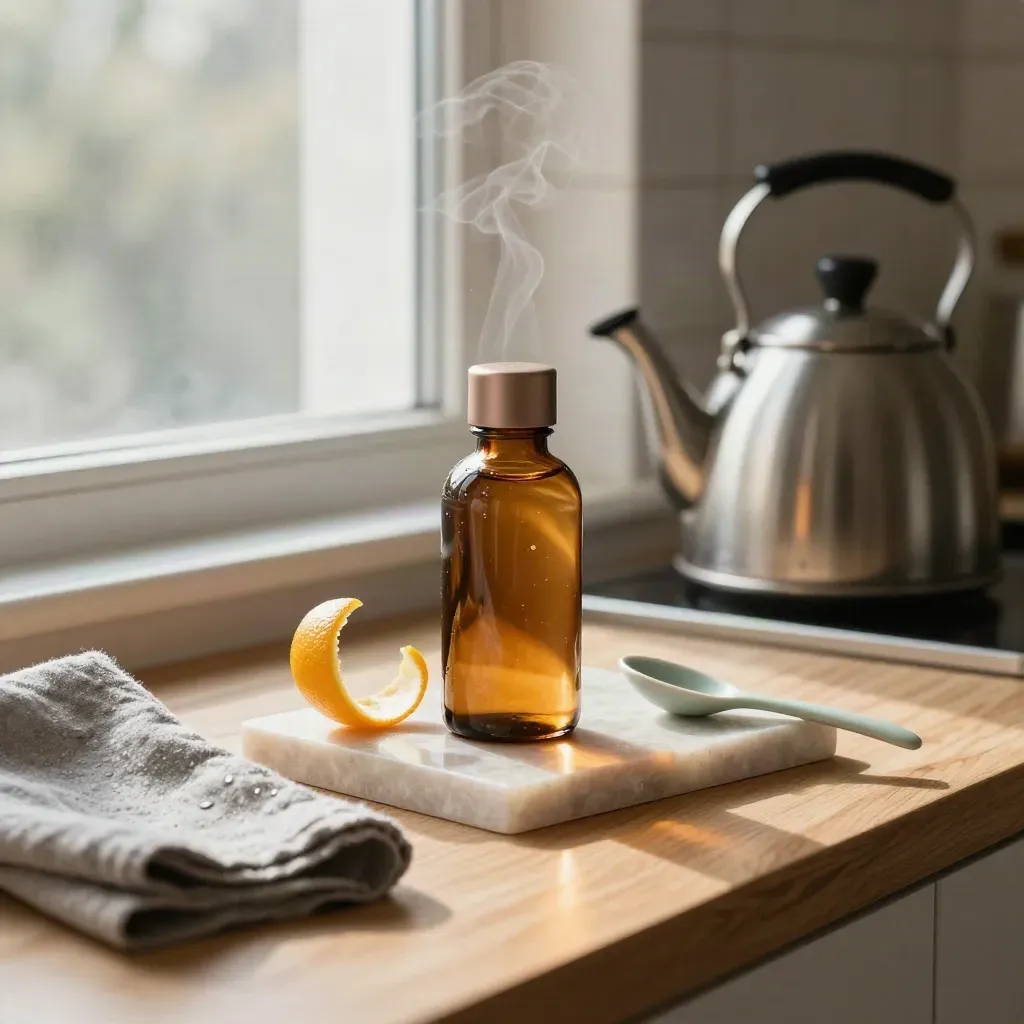 Amber tincture beside citrus peel, stone tray and kettle by a bright kitchen window with steam.