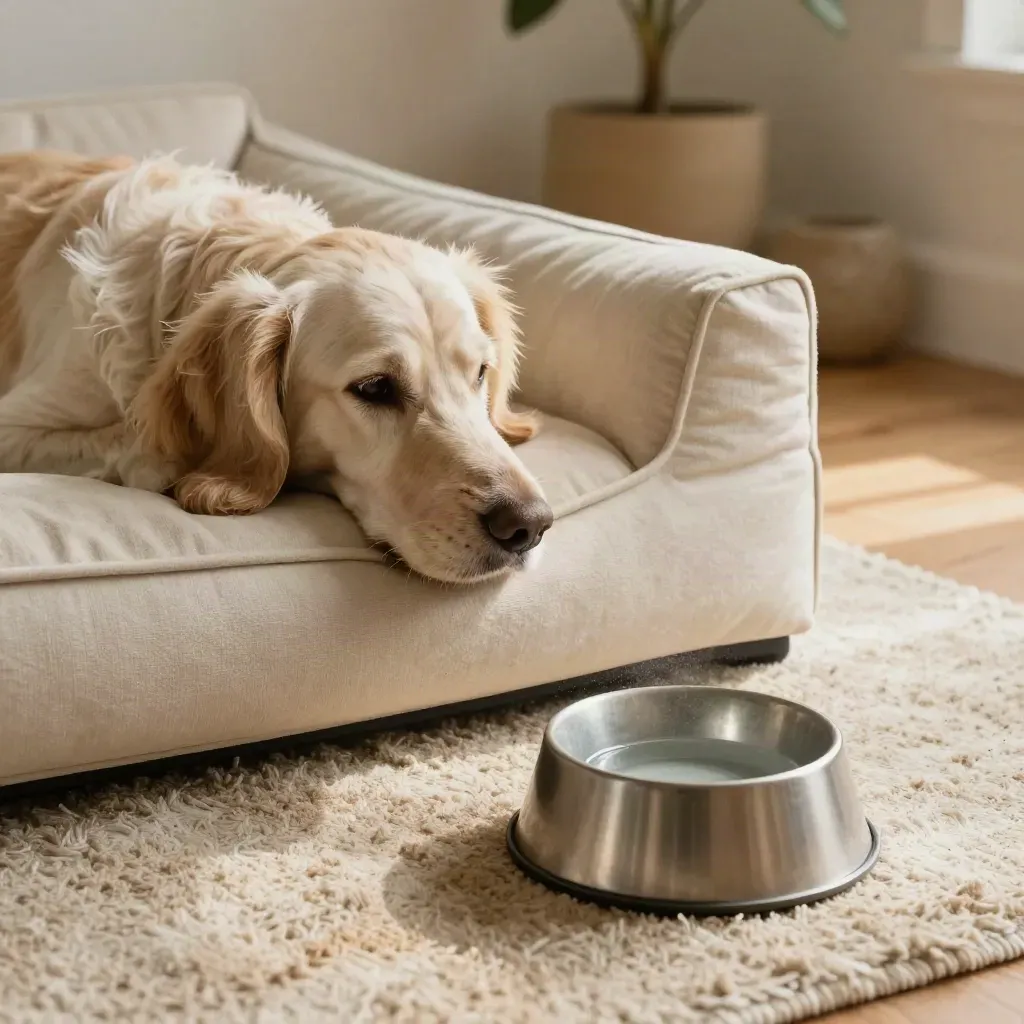 Spaniel near chew tin and water bowl beside a cream dog bed in warm daylight