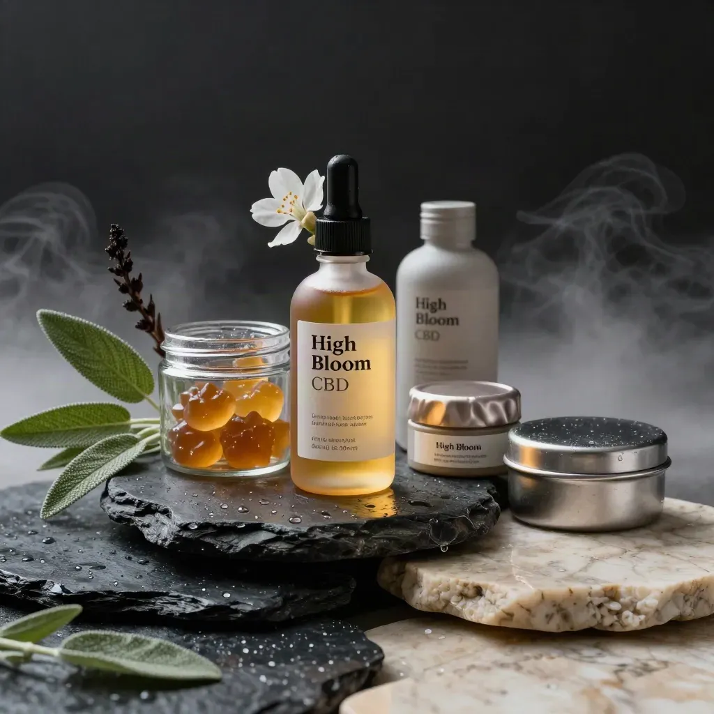 Frosted CBD bottle, gummies, capsules, balm, and pet chews on misty wet stone plinths.