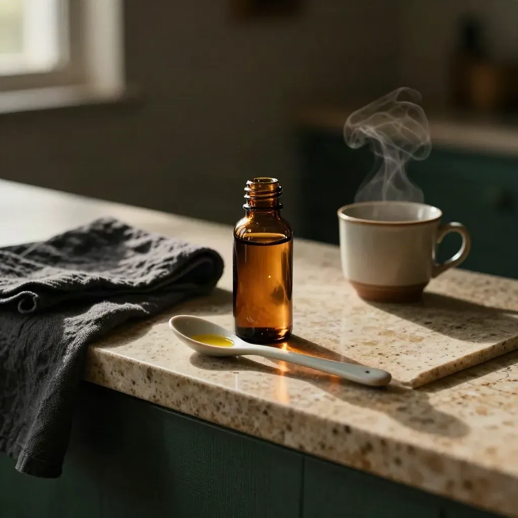 Amber CBD tincture bottle beside a ceramic spoon, linen, and steaming mug on a warm counter.
