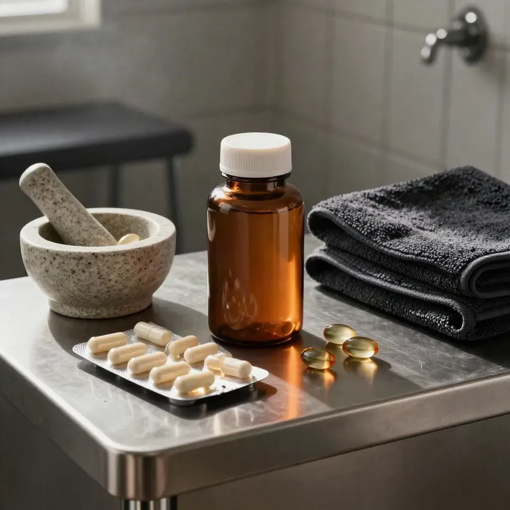 Softgel bottle, capsules, stone mortar and charcoal towel on a brushed counter.