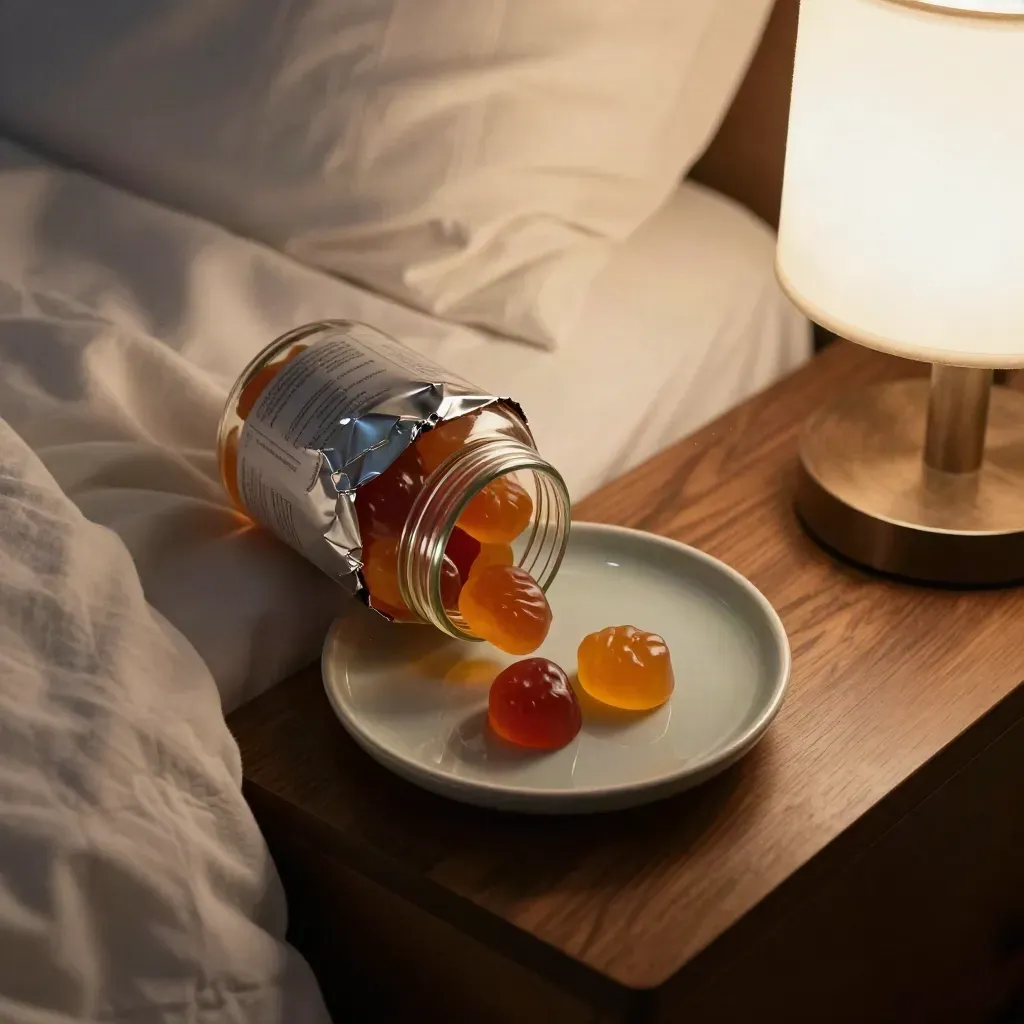 Open sleep-gummy jar, two chews on a saucer, and folded quilt on a bedside table in warm lamplight.