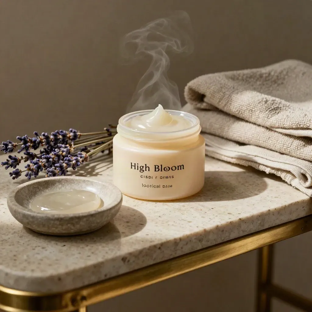 Open balm jar with lavender and towel on a spa bench, lit cinematically.