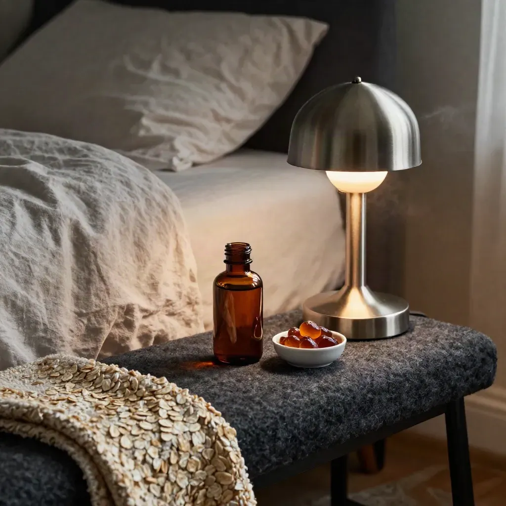 Bedside CBD night routine with tincture, gummies, softgels, and a warm lamp glow.