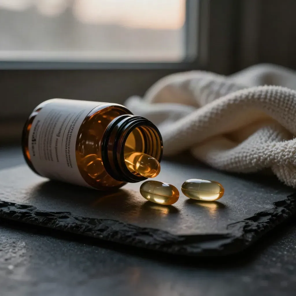 Open softgel bottle beside two capsules on stone, with a folded blanket by a misted window.