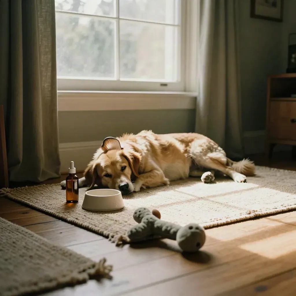 Relaxed dog under a window beside pet drops, bowl and toy in cozy late-afternoon light.