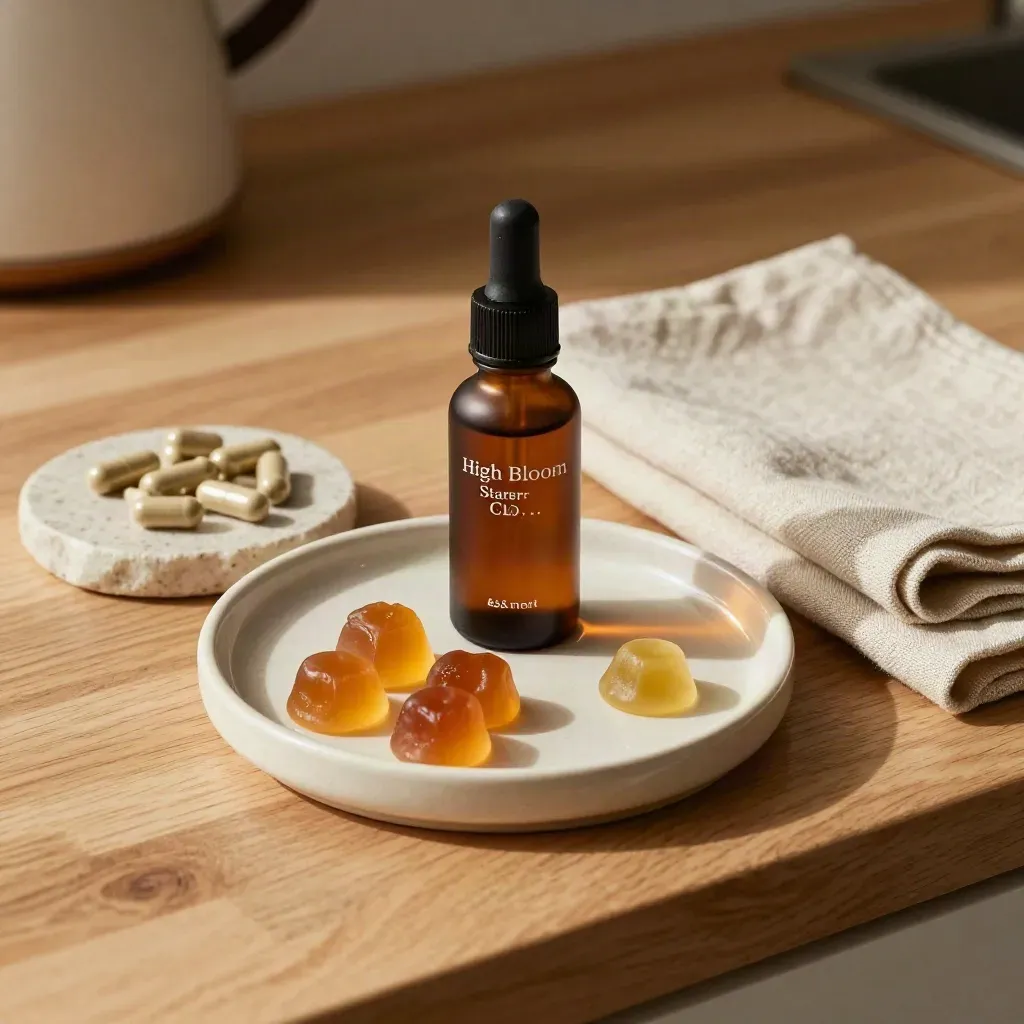 Overhead CBD starter kit with tincture bottle, gummies, capsules, and ceramic dish on oak