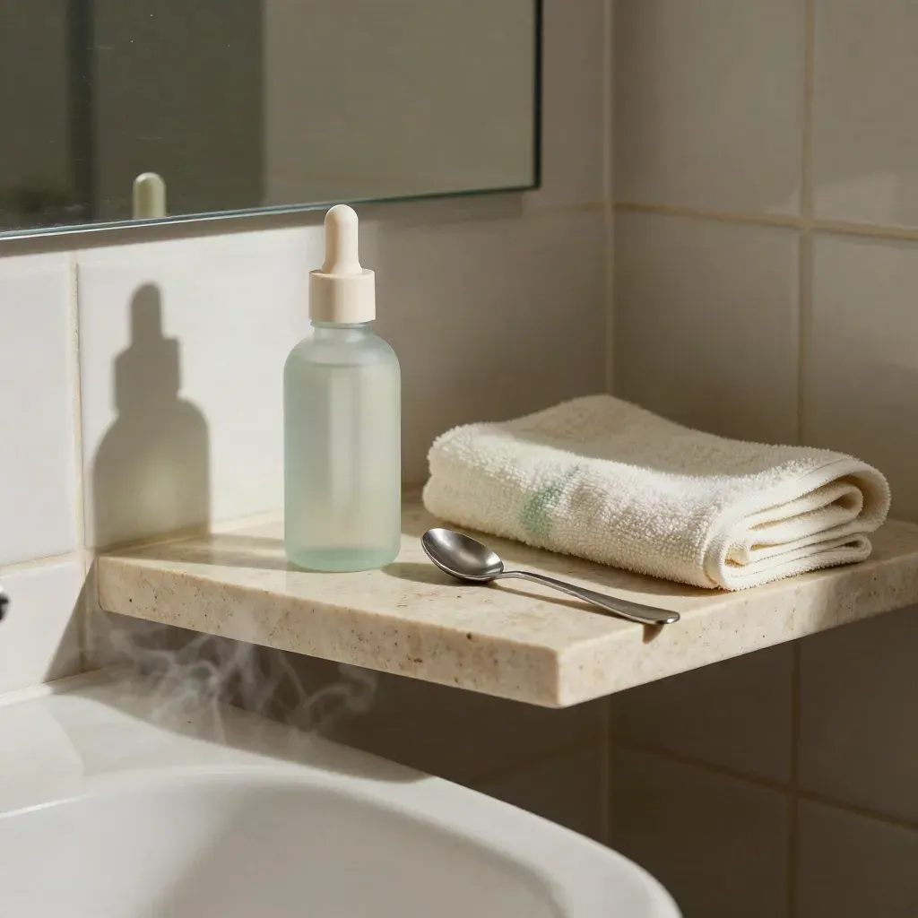 Uncapped mint tincture bottle with marble spoon and towel in a steamy bathroom