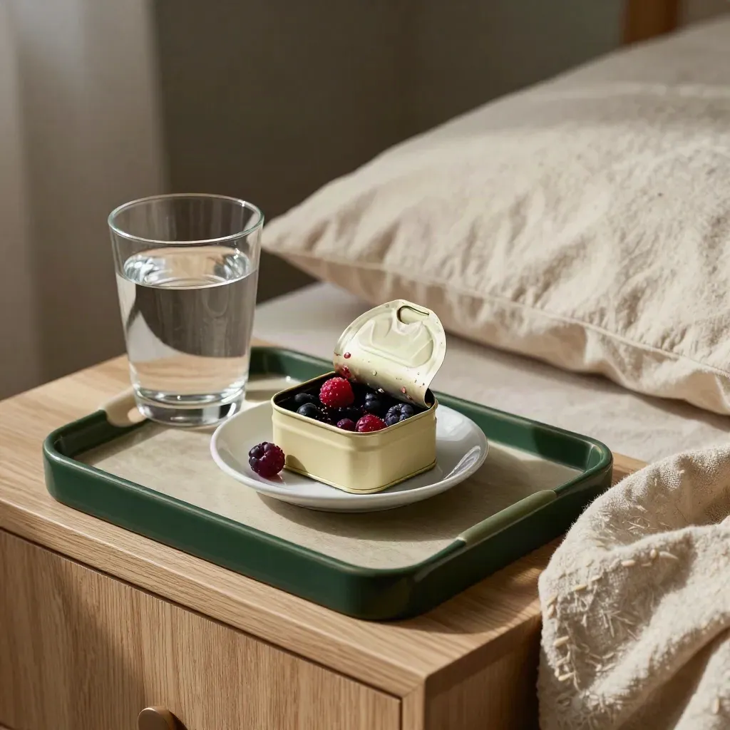Berry sleep chews beside a glass of water on a bedside nightstand in soft moonlit calm.