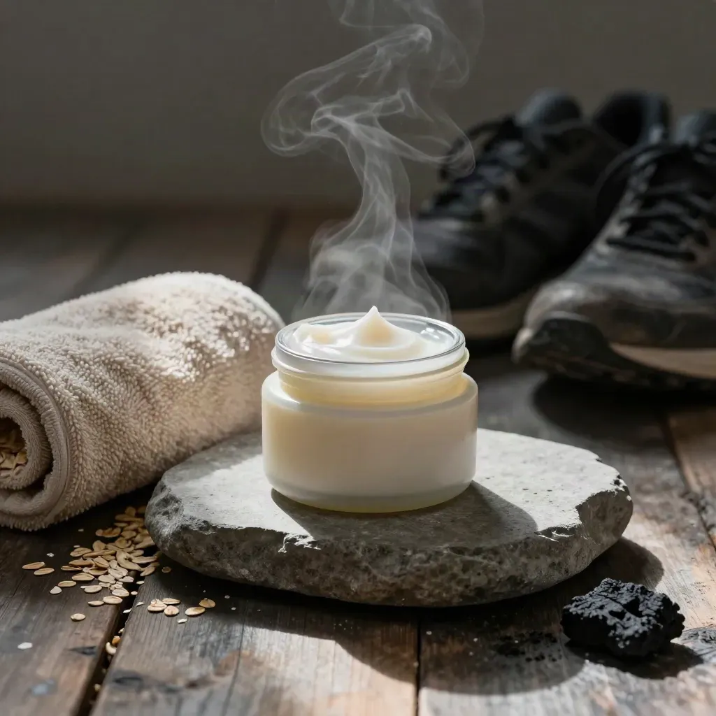 Open recovery balm jar on stone dish with towel, shoes, and steam in a moody floor-level scene.