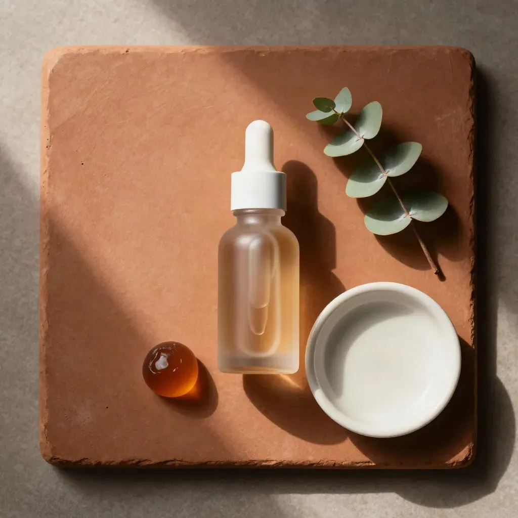 Overhead CBD tincture starter set with gummy, dish and eucalyptus on terracotta plaster.