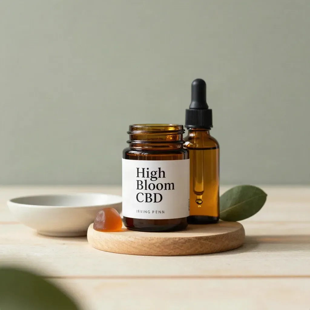 CBD gummies and tincture bottle with ceramic dish on pale wood, soft green accent.