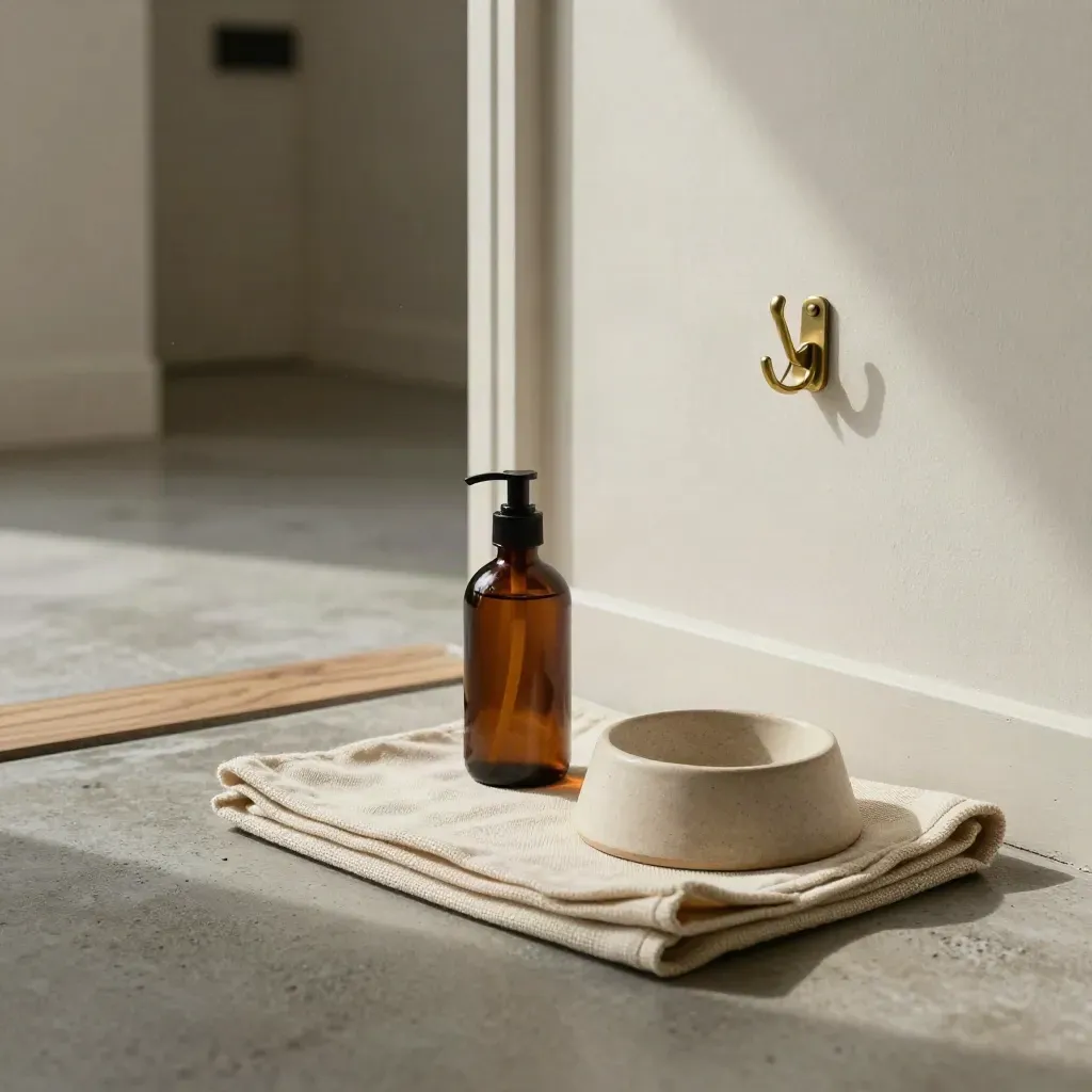 Amber pet CBD bottle beside a dog bowl, canvas mat, and brass leash hook by an entryway.