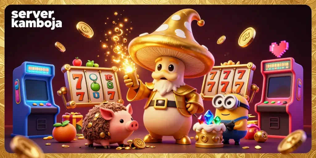 Experience the magic of server kamboja with golden wizard and treasure pig in a vibrant casino scene.