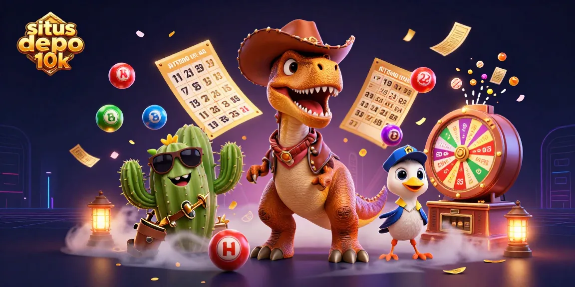 Engage in thrilling gameplay at situs depo 10k with a vibrant 3D casino scene featuring colorful lottery elements and fun characters.