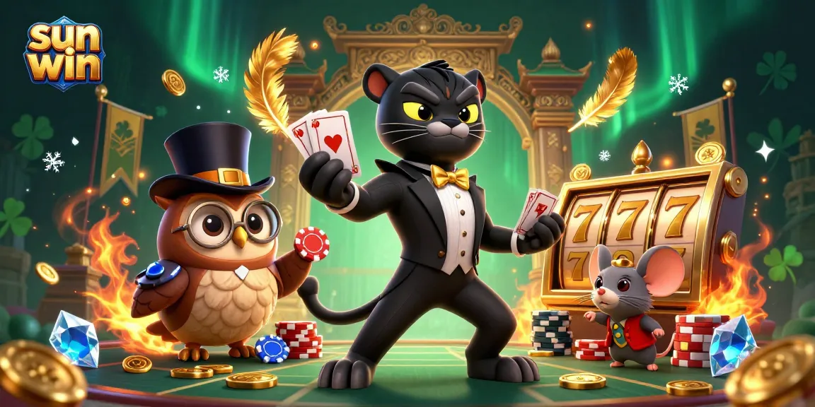 Engage in thrilling casino action with Sun Win's lively characters dealing cards and displaying poker chips.