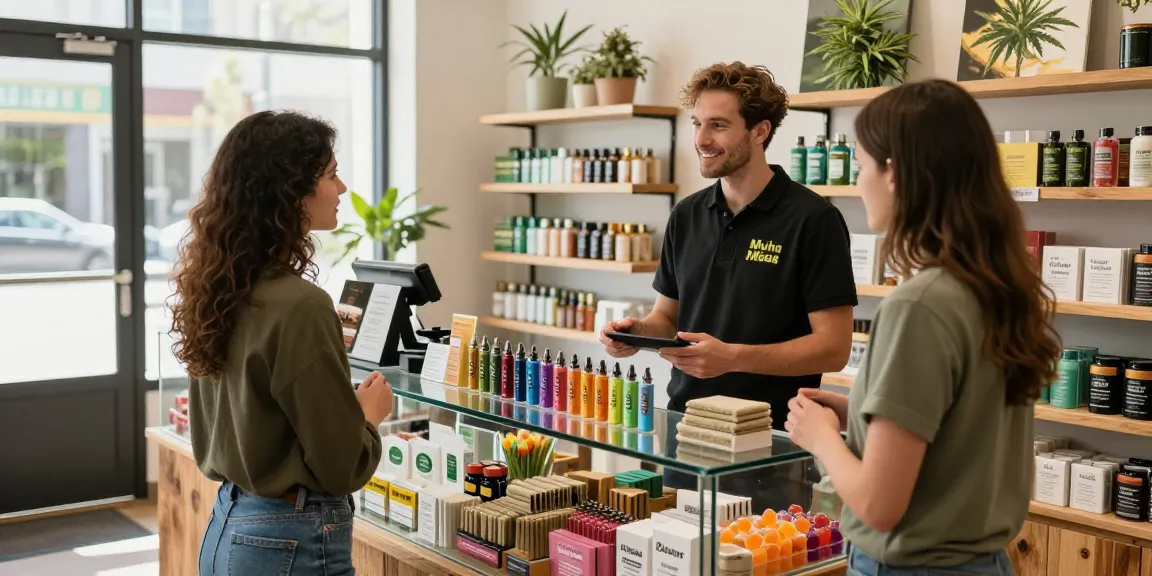 Muha Meds products displayed in a vibrant dispensary with a friendly budtender assisting customers.