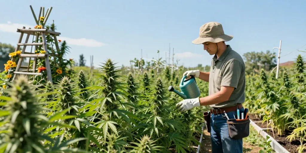 Autoflower Samen kaufen in einem blühenden Garten mit Cannabis-Pflanzen und einem gärtnernden Menschen.