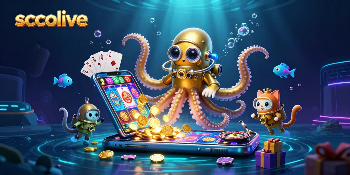 Socolive delivers thrilling live sports action with a vibrant kraken and diving cat amidst casino excitement.