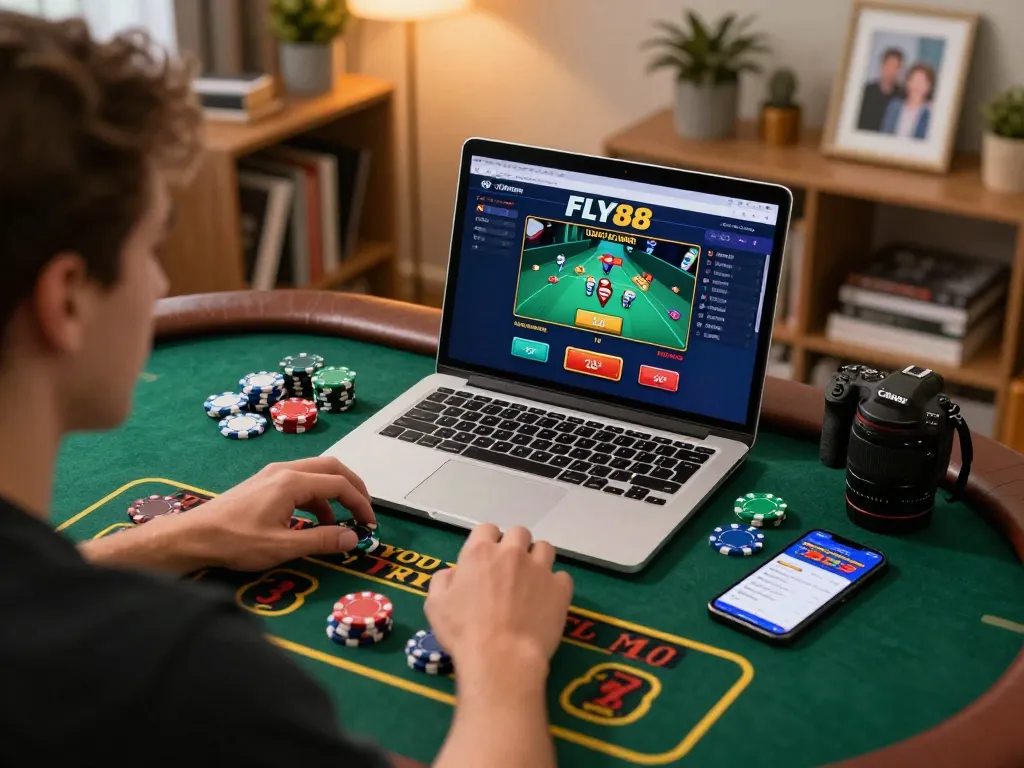 Player engaging in online blackjack at FLY88, showcasing laptop and betting strategy tools.