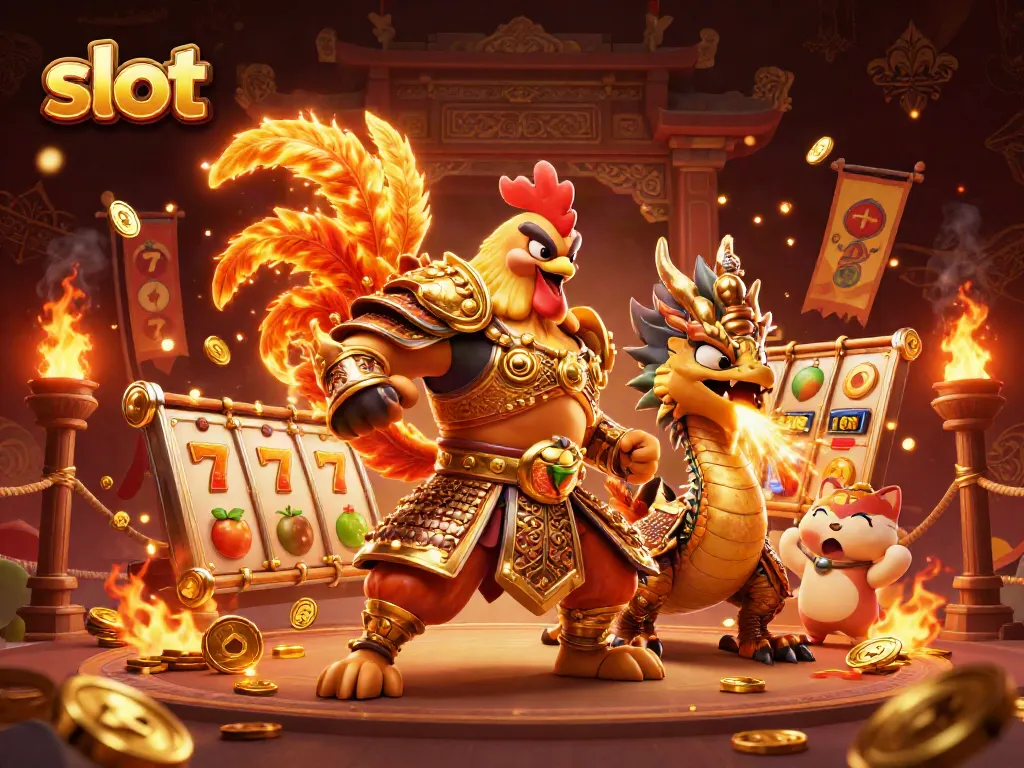 Engage with thrilling slot gameplay featuring victorious cartoon warrior and dragon in a dynamic casino scene.