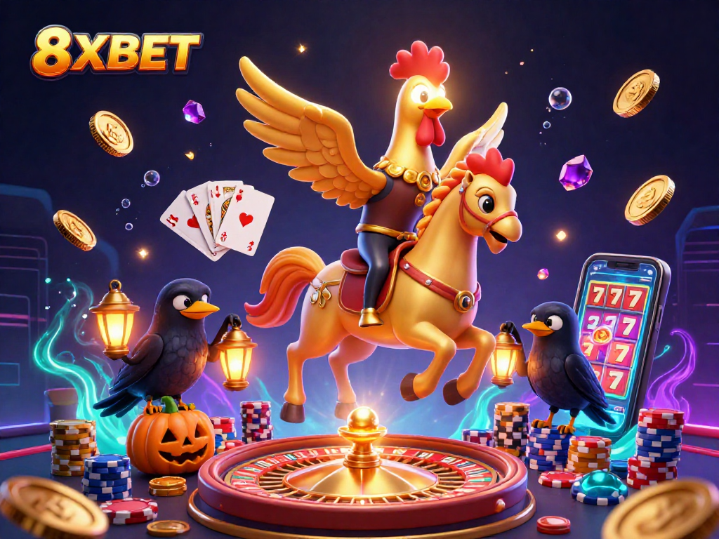 Engage with exciting 8XBET gaming adventures featuring vibrant characters in action-filled casino scenes.