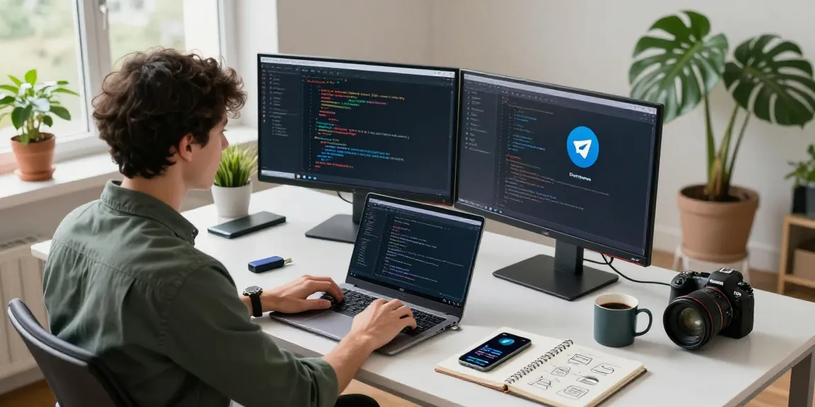 telegram中文版下载 on a developer's dual monitors in a modern workspace, showcasing a productive tech environment.