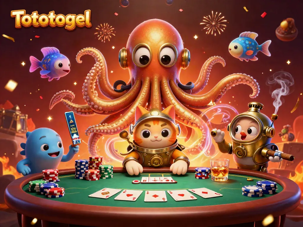 Ilustrasi 3D Tototogel yang menampilkan kraken raksasa dengan tentakel emas, kucing menyelam, dan ikan bercahaya, dengan elemen perjudian penuh warna.