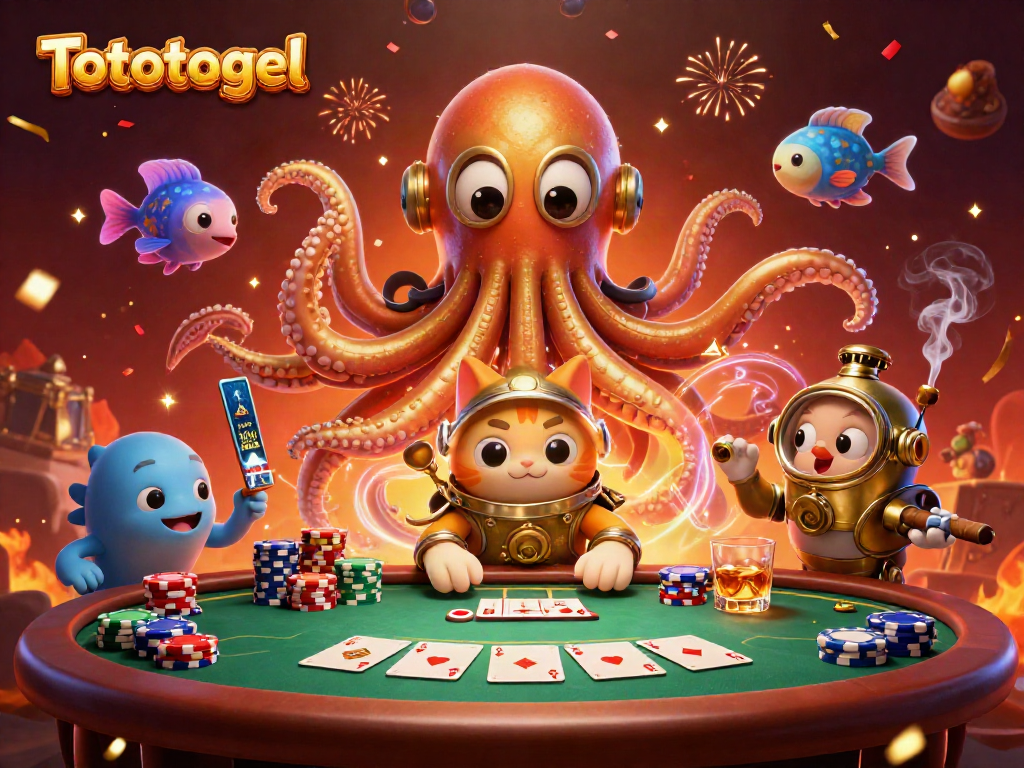 Ilustrasi 3D Tototogel yang menampilkan kraken raksasa dengan tentakel emas, kucing menyelam, dan ikan bercahaya, dengan elemen perjudian penuh warna.