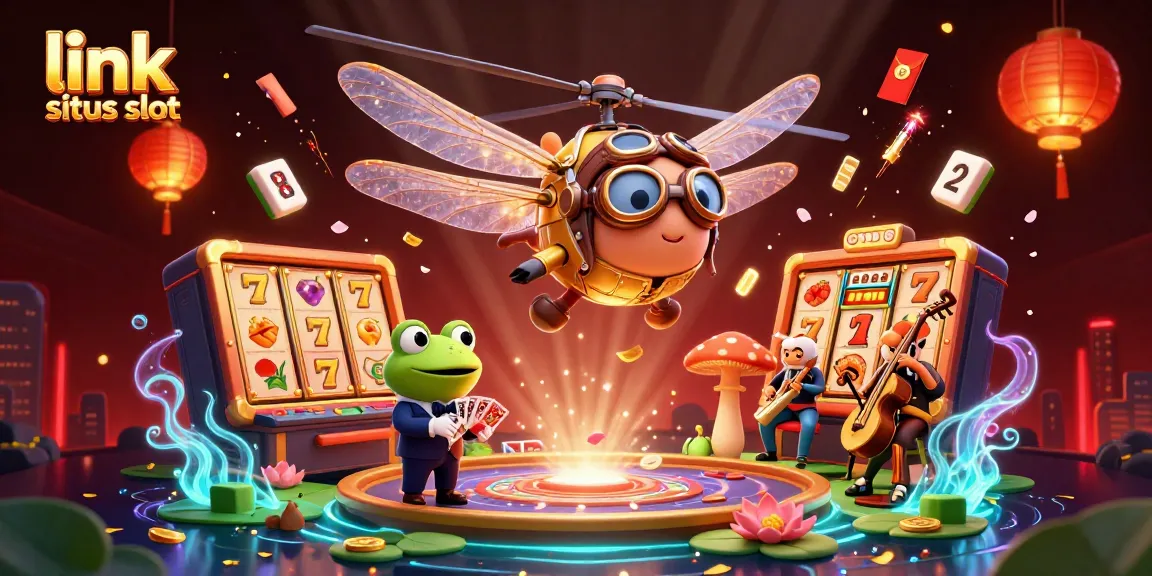 Engage with the vibrant world of link situs slot featuring dynamic characters and casino elements in a lively 3D illustration.