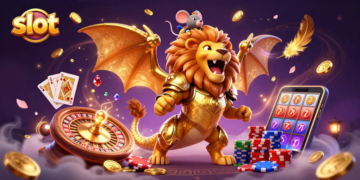 Experience thrilling slot gameplay with a roaring chimera and dazzling casino elements.
