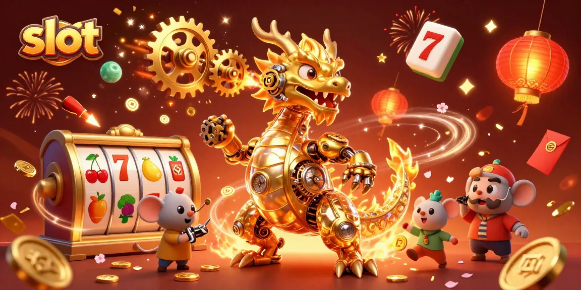Engage with exciting slot action as a golden dragon breathes gears amidst vibrant casino elements.
