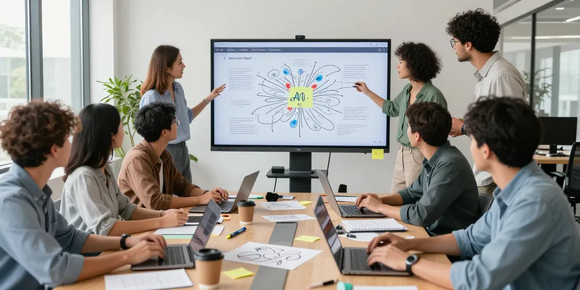 Creative team using mixboard ai for brainstorming in a modern office