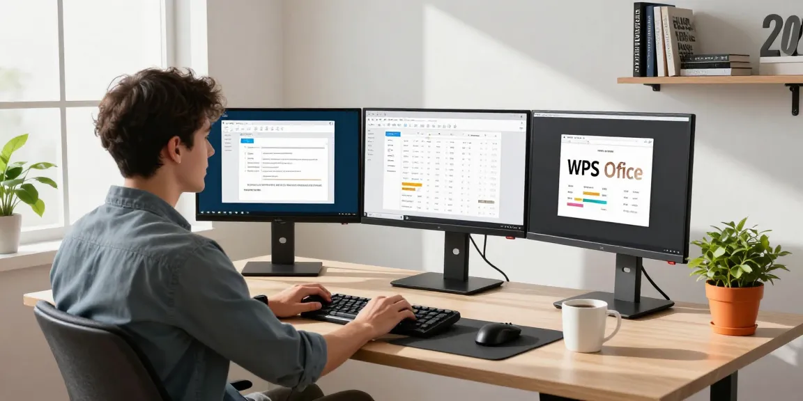 Download WPS Office in a modern office setup with multiple screens showcasing productivity tools.