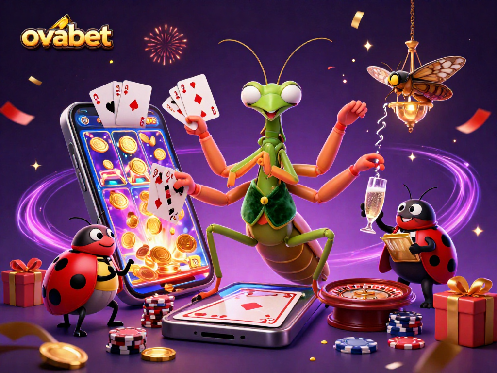 Experience thrilling gameplay with ovabet as a mantis dealer showcases vibrant slots and festive casino action.