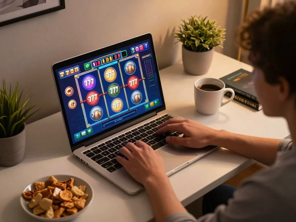 Engaging in slot777 gaming on a laptop at home, showcasing excitement and strategy in a cozy setting.