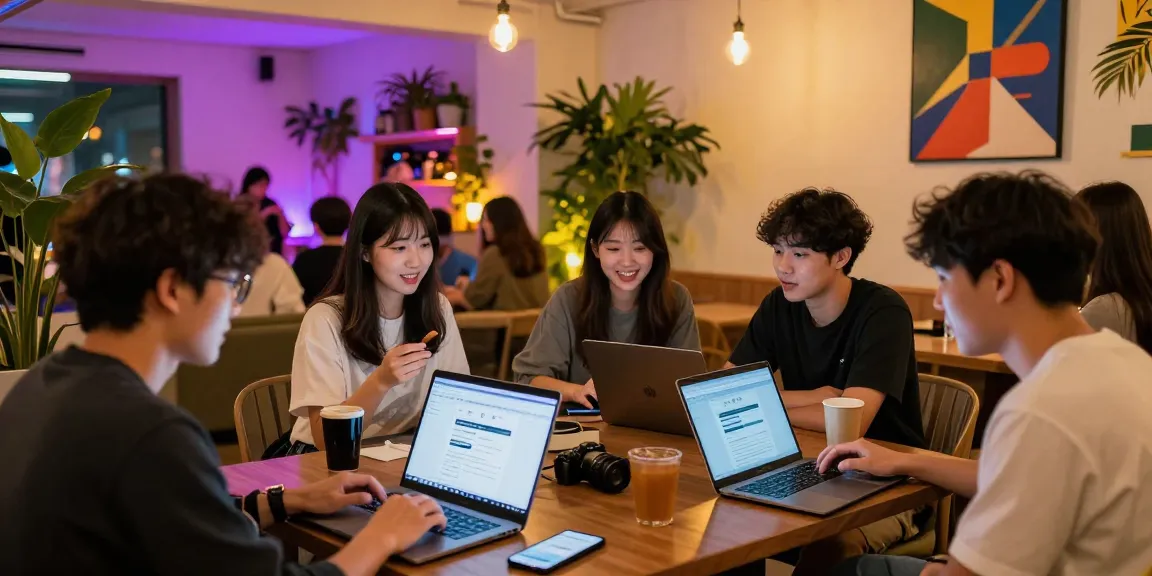 퀸알바 정보와 구직 기회를 논의하는 강남의 젊은이들