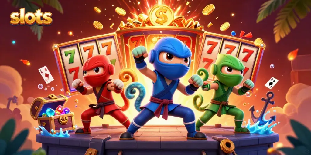 Experience thrilling slots gameplay with animated ninja chameleons showcasing their skills amidst vibrant casino symbols.