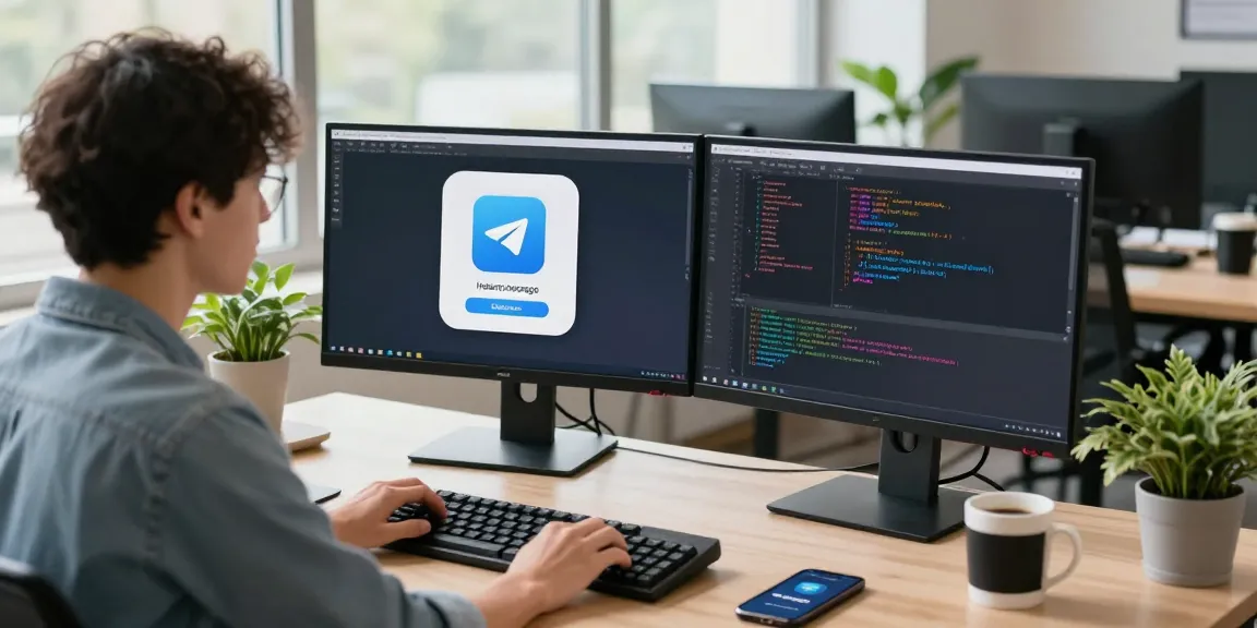Professional coding workspace for telegram中文版下载 with dual monitors and modern office elements.