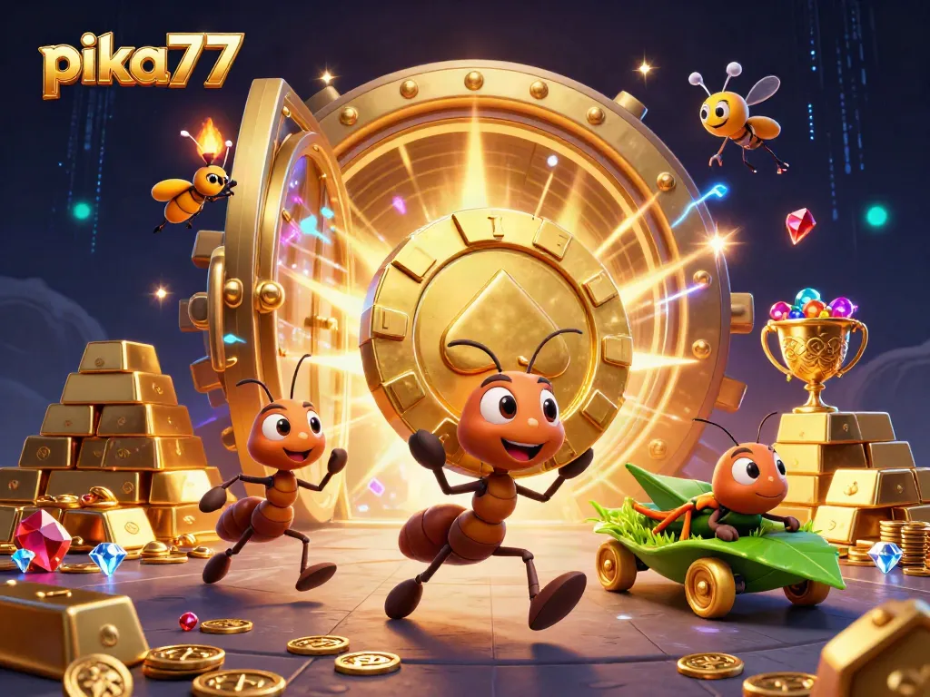 Engage with pika77 as ants raid a golden poker chip heist amidst vibrant casino treasures.