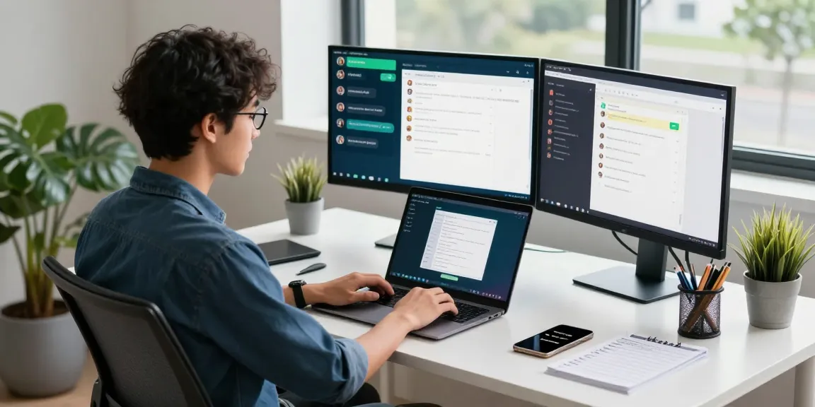 Professional using WhatsApp電腦版 on a laptop in a modern workspace.