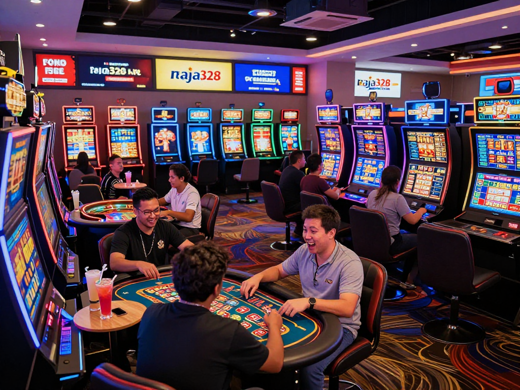 An engaging casino scene with players enjoying raja328 situs games, showcasing vibrant lighting and various gaming options.