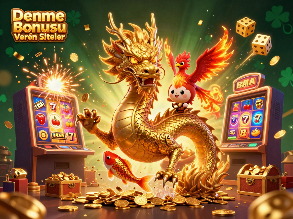 Deneme Bonusu Veren Siteler showcases vibrant 3D casino scene with dragon and phoenix among abundant riches.
