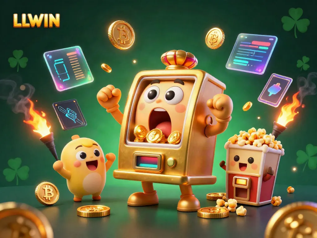 LLWIN slot machine hits jackpot with coins pouring out, showcasing a lively gaming scene.